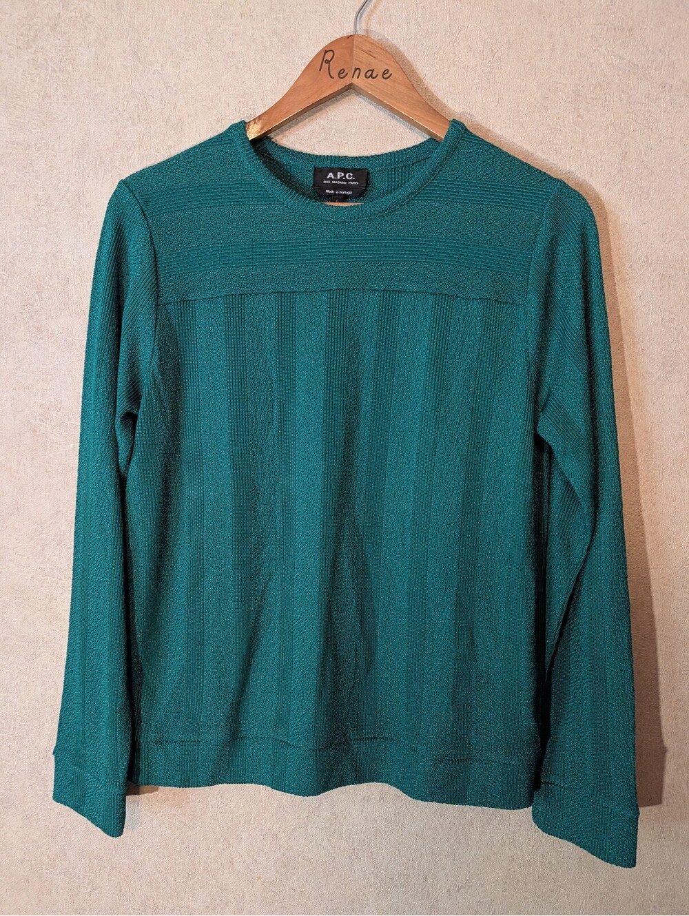 A.P.C. Kelly green ribbed crew neck sweater top sz L